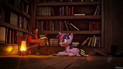 Size: 1191x670 | Tagged: safe, twilight sparkle, twilight sparkle (alicorn), alicorn, 3d, book, bookshelf, crossover, library, night, sniper, source filmmaker, team fortress 2