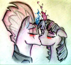 Size: 960x876 | Tagged: safe, artist:twiontheline, fizzlepop berrytwist, tempest shadow, twilight sparkle, my little pony: the movie, female, kissing, lesbian, shipping, tempestlight, traditional art