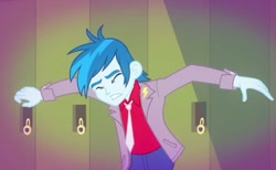 Size: 780x480 | Tagged: safe, screencap, thunderbass, equestria girls, music to my ears, rainbow rocks, background human, clothes, eyes closed, jacket, male, necktie, solo