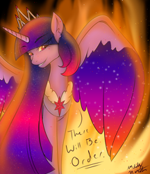 Size: 2500x2900 | Tagged: safe, artist:l-pastellepink-l, twilight sparkle, twilight sparkle (alicorn), alicorn, pony, colored wings, fire, high res, multicolored wings, solo, spread wings, tyrant sparkle
