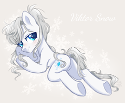 Size: 4027x3307 | Tagged: safe, artist:hawthornss, pony, absurd resolution, blushing, dock, long mane, long tail, looking at you, male, plot, ponified, prone, simple background, solo, stallion, text, underhoof, viktor nikifirov, yuri on ice