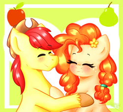 Size: 1024x937 | Tagged: safe, artist:girlunicorn, bright mac, pear butter, pony, the perfect pear, blushing, brightbutter, female, male, shipping, straight