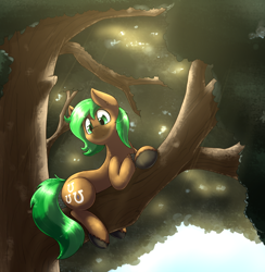 Size: 2600x2665 | Tagged: safe, artist:otakuap, oc, oc only, oc:jaeger sylva, earth pony, pony, canopy, cute, male, sitting in a tree, smiling, solo, stallion, tree, tree branch, ych result