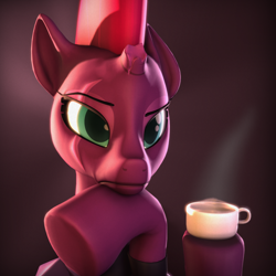 Size: 2160x2160 | Tagged: safe, artist:imafutureguitarhero, tempest shadow, pony, unicorn, my little pony: the movie, 3d, anatomically incorrect, broken horn, clothes, coffee, cup, eye scar, free form jazz, hoof hold, meme, rage face, raised eyebrow, scar, simple background, solo, source filmmaker, steam, thinking
