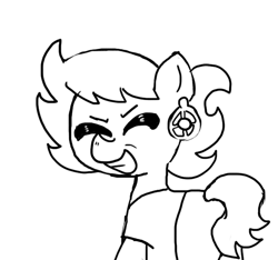 Size: 640x600 | Tagged: safe, artist:ficficponyfic, oc, oc only, oc:ruby rouge, earth pony, pony, child, clothes, colt quest, ear piercing, earring, eyes closed, female, filly, foal, jewelry, monochrome, piercing, solo, story included