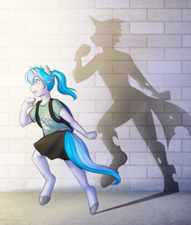 Size: 3469x4084 | Tagged: safe, artist:askbubblelee, oc, oc only, oc:bubble lee, oc:imago, anthro, changeling, unguligrade anthro, unicorn, absurd resolution, changeling oc, clothes, disguise, disguised changeling, female, filly, freckles, mare, plot twist, shadow, smiling, solo, story in the source, tearjerker