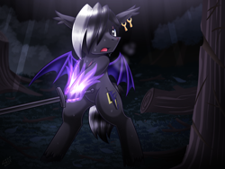 Size: 1500x1125 | Tagged: safe, artist:vavacung, oc, oc only, oc:shadow dash, bat pony, pony, dark, ear piercing, earring, jewelry, magic, piercing, sword, weapon