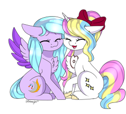 Size: 3000x2713 | Tagged: safe, artist:ohhoneybee, oc, oc only, oc:dawnlight, oc:moonflare, pegasus, pony, unicorn, bow, chest fluff, eyes closed, female, hair bow, heart, mare, simple background, sitting, transparent background