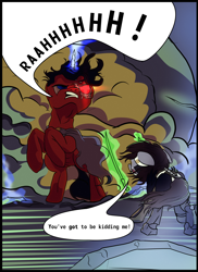 Size: 2400x3300 | Tagged: safe, artist:aaronmk, oc, oc:littlepip, oc:red eye, cyborg, earth pony, pony, unicorn, comic:it has to be this way, fallout equestria, bone, comic, crossover, fanfic, fanfic art, female, glowing horn, horn, magic, magic glow, male, mare, metal gear, metal gear rising, raiden, stallion, sword, telekinesis, weapon