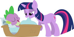 Size: 3584x1813 | Tagged: safe, artist:porygon2z, spike, twilight sparkle, unicorn twilight, dragon, pony, unicorn, owl's well that ends well, basket, cute, duo, female, lidded eyes, male, mama twilight, mare, misleading thumbnail, spikabetes, twiabetes