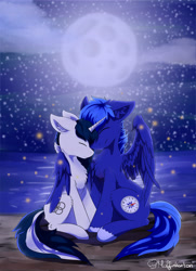 Size: 5787x7990 | Tagged: safe, artist:muffinkarton, oc, oc only, oc:muffinkarton, oc:north star, pegasus, pony, absurd resolution, cuddling, heart, moon, night, oc x oc, ocean, shipping, snuggling, stars