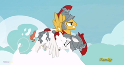 Size: 1366x721 | Tagged: safe, screencap, albus, flash magnus, pony, campfire tales, armor, cloud, flash magnus savior of the universe, flying, freeze frame, helmet, royal legion, shit eating grin, sky