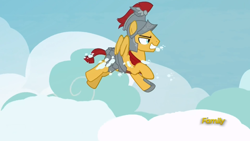 Size: 1366x768 | Tagged: safe, screencap, flash magnus, pony, campfire tales, cloud, flash magnus savior of the universe, flying, royal legion, shit eating grin, sky