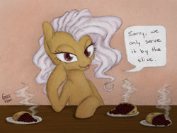 Size: 1250x938 | Tagged: safe, artist:gracewolf, oc, oc only, oc:fresh slice, food pony, original species, dialogue, dish, female, food, lidded eyes, looking at you, mare, pie, pie pony, smiling, solo, steam