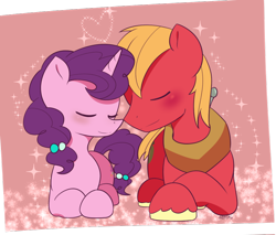 Size: 800x683 | Tagged: safe, artist:puetsua, big macintosh, sugar belle, earth pony, pony, unicorn, eyes closed, female, heart, male, mare, prone, shipping, smiling, stallion, straight, sugarmac