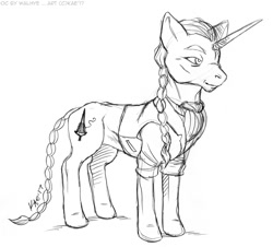 Size: 1000x904 | Tagged: safe, artist:kaemantis, oc, oc only, oc:fil d'or, pony, unicorn, braid, clothes, male, monochrome, shirt, solo, stallion