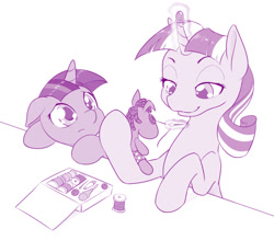 Size: 1000x919 | Tagged: safe, artist:dstears, smarty pants, twilight sparkle, twilight velvet, pony, unicorn, atg 2017, cute, female, filly, filly twilight sparkle, glowing horn, mare, mother and child, mother and daughter, newbie artist training grounds, parent and child, repairing, sewing, sewing needle, simple background, smiling, thimble, twiabetes, younger