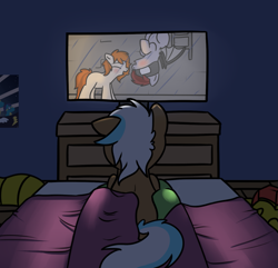 Size: 1445x1392 | Tagged: safe, artist:neuro, soarin', oc, oc:anon, oc:brave, oc:frosty hooves, oc:vannie, bed, eeee, poster, television, wonderbolts