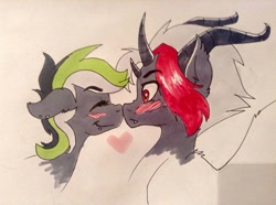 Size: 720x537 | Tagged: safe, artist:mikixthexgreat, oc, oc only, oc:graphite sketch, oc:maximum edge, pony, blushing, edgy, heart, multiple horns, oc x oc, piercing, red and black oc, shipping, traditional art