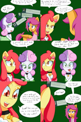 Size: 1600x2400 | Tagged: safe, artist:jake heritagu, apple bloom, scootaloo, sweetie belle, pony, comic:ask motherly scootaloo, ask, clothes, comic, cutie mark crusaders, female, hairpin, lesbian, medallion, motherly scootaloo, shipping, sweater, sweatshirt, sweetiebloom