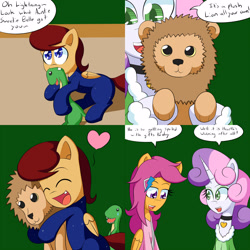 Size: 1600x1600 | Tagged: safe, artist:jake heritagu, scootaloo, sweetie belle, oc, oc:lightning blitz, big cat, dinosaur, lion, pegasus, pony, comic:ask motherly scootaloo, baby, baby pony, chewing, clothes, colt, comic, crying, eating, green background, hairpin, heart, hug, male, medallion, motherly scootaloo, nightgown, offspring, older, older scootaloo, older sweetie belle, parent:rain catcher, parent:scootaloo, parents:catcherloo, plushie, simple background, sweater, sweatshirt, toy