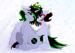 Size: 1600x1125 | Tagged: safe, artist:bl--blacklight, oc, oc only, oc:litch, oc:ray scratch, pegasus, pony, unicorn, blushing, eyes closed, female, male, mare, oc x oc, ritch, shipping, sitting, stallion, straight