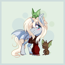 Size: 1100x1100 | Tagged: safe, artist:ipun, oc, oc only, oc:jareth, alicorn, bat pony, bat pony alicorn, goblin, pony, blushing, clothes, heterochromia, male, simple background, solo, stallion