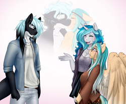 Size: 3538x2917 | Tagged: safe, artist:askbubblelee, oc, oc only, oc:bubble lee, oc:mako, oc:willow breeze, anthro, orca pony, original species, pegasus, unicorn, anthro oc, body freckles, breasts, chest freckles, cleavage, clothes, ear fluff, ear piercing, eyes closed, female, floppy ears, freckles, grandmother and grandchild, kissing, looking at each other, makolee, male, mare, oc x oc, open mouth, pants, piercing, shipping, shirt, smiling, stallion, surprised, trio, wiko