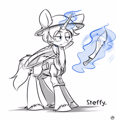 Size: 3190x3321 | Tagged: safe, artist:kez, oc, oc only, oc:steffy, pony, unicorn, helmet, machete, magic, monochrome, neo noir, partial color, ponytail, shield, solo, telekinesis, unshorn fetlocks