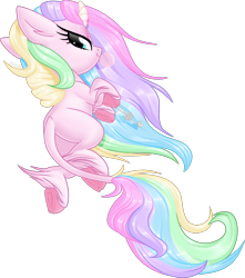 Size: 1729x1958 | Tagged: safe, artist:kellythedrawinguni, oc, oc only, oc:aurora, classical unicorn, pony, unicorn, bubblegum, chibi, cloven hooves, curved horn, female, food, gum, leonine tail, mare, rainbow hair, scrunchy face, simple background, solo, transparent background, underhoof, unshorn fetlocks