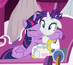 Size: 1119x995 | Tagged: safe, screencap, rarity, twilight sparkle, twilight sparkle (alicorn), alicorn, pony, unicorn, it isn't the mane thing about you, cute, duo, eyes closed, female, floppy ears, food, hug, ice cream, mare, raribetes, ruined mane, smiling, twiabetes