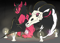 Size: 1024x736 | Tagged: safe, artist:sleepydemonmonster, oc, oc only, alicorn, bat pony, bat pony alicorn, demon, candle, magic, magic circle, pentagram, satanic, skull, unshorn fetlocks