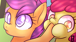 Size: 5715x3206 | Tagged: dead source, safe, artist:dragon9913, apple bloom, scootaloo, earth pony, pegasus, pony, somepony to watch over me, duo, female, filly, hoof in mouth, puffy cheeks, scene interpretation