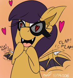 Size: 324x346 | Tagged: safe, artist:xwoofyhoundx, oc, oc only, oc:lillian, bat, bat pony, pony, ear fluff, glasses, happy, heart, heart eyes, smiling, solo, wingding eyes