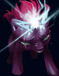 Size: 995x1280 | Tagged: safe, artist:il-p0, tempest shadow, my little pony: the movie, broken horn, eye scar, glowing horn, gritted teeth, horn, scar, solo, sparking horn