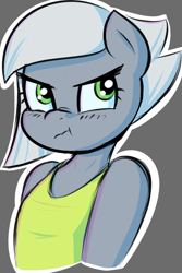Size: 688x1031 | Tagged: safe, artist:funble, limestone pie, anthro, earth pony, unguligrade anthro, bust, clothes, female, gray background, grumpy, limetsun pie, mare, nose wrinkle, scrunchy face, simple background, solo, tsundere