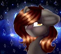 Size: 3392x3000 | Tagged: safe, artist:doux-ameri, oc, oc only, oc:windy shift, earth pony, pony, bust, female, floppy ears, hair over one eye, high res, mare, portrait, solo, space