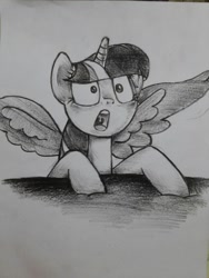 Size: 780x1040 | Tagged: safe, artist:jchu9151, twilight sparkle, twilight sparkle (alicorn), alicorn, pony, female, mare, solo, spread wings, surprised, traditional art, wingboner, wings