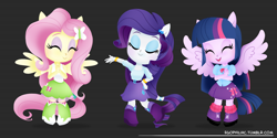 Size: 1280x639 | Tagged: safe, artist:egophiliac, fluttershy, rarity, twilight sparkle, twilight sparkle (alicorn), alicorn, equestria girls, chibi, cute, ponied up, raribetes, shyabetes, simple background, smiling, twiabetes