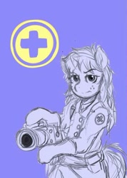 Size: 476x667 | Tagged: safe, artist:danteante, oc, oc only, oc:nahuelina, pony, semi-anthro, unicorn, bipedal, blue background, clothes, female, freckles, gloves, looking at you, mare, medic, medigun, purple background, simple background, solo, team fortress 2, uniform