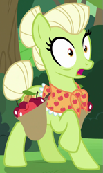 Size: 455x765 | Tagged: safe, screencap, granny smith, earth pony, pony, the perfect pear, apple, cropped, female, food, mare, raised hoof, saddle bag, shocked, solo, young granny smith, younger