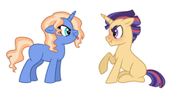 Size: 1024x554 | Tagged: safe, artist:cascayd, oc, oc only, oc:misty, oc:starswirl, unicorn, nose wrinkle, offspring, parent:flash sentry, parent:prince blueblood, parent:trixie, parent:twilight sparkle, parents:bluetrix, parents:flashlight, tongue out