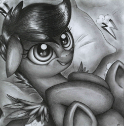 Size: 2269x2319 | Tagged: safe, artist:yellowrobin, scootaloo, pony, bed, pillow, solo, traditional art