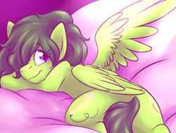 Size: 796x599 | Tagged: safe, artist:fizzy-dog, oc, oc only, pegasus, pony, bed, on bed, sofa, solo