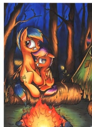 Size: 2550x3510 | Tagged: safe, artist:yellowrobin, scootaloo, oc, oc:yellowrobin, pony, campfire, forest, hug, night, scootalove, tent, winghug