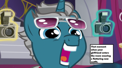 Size: 1280x720 | Tagged: safe, edit, edited screencap, screencap, canterlot boutique, season 5, cameras, canterlot carousel, fashion plate, happy, solo, stairs, sunglasses, text box