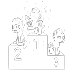 Size: 1000x1000 | Tagged: safe, artist:unsavorydom, carrot crunch, tender taps, train tracks (character), pony, colt, confetti, lineart, male, monochrome, podium, trophy