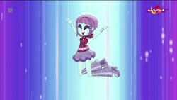 Size: 1024x577 | Tagged: safe, screencap, sunny flare, dance magic, equestria girls, spoiler:eqg specials, boots, clothes, eyes closed, female, happy, high heel boots, jumping, open mouth, skirt, solo, teletoon, tutu