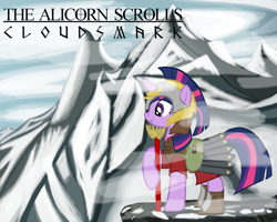 Size: 1280x1024 | Tagged: safe, artist:warsadlepony, twilight sparkle, armor, crossover, mountain, skyrim, solo, the elder scrolls