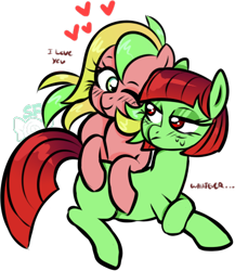 Size: 432x497 | Tagged: safe, artist:sugahfox, oc, oc only, oc:cherry, oc:fizzy, earth pony, pony, blushing, female, heart, hug, mare, prone, simple background, transparent background